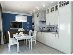 Серо голубые стены в интерьере кухни