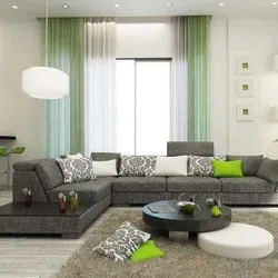 Шторы в гостиную с зеленым диваном фото