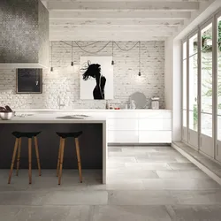 Gray porcelain tiles in the kitchen interior photo