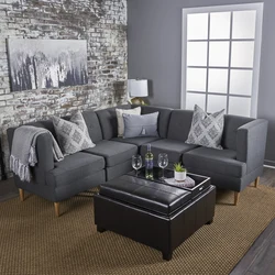 Color of sofa in living room with gray wallpaper photo