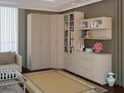 Living room design with corner sofa and corner wardrobe