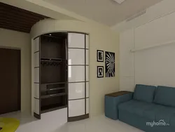 Living room design with corner sofa and corner wardrobe
