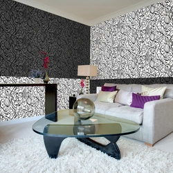 If the living room has black and white wallpaper photo