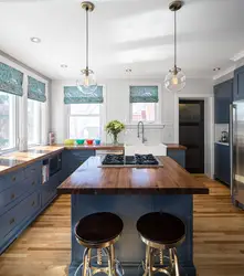 Синяя Кухня В Интерьере Фото С Деревянной