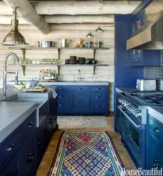 Blue Kitchen In The Interior Photo With Wooden
