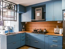 Blue Kitchen In The Interior Photo With Wooden