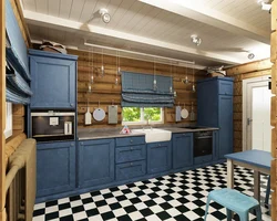 Blue kitchen in the interior photo with wooden
