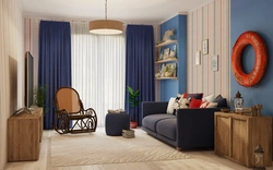 Gray living room with blue curtains photo