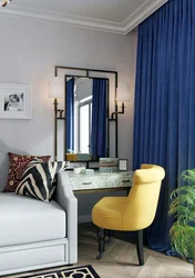 Gray Living Room With Blue Curtains Photo