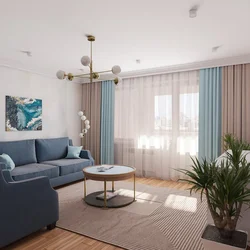 Gray living room with blue curtains photo
