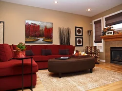 What color goes with burgundy in the living room interior?