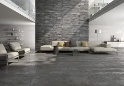 Gray tiles on the floor in the living room interior