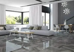 Gray tiles on the floor in the living room interior