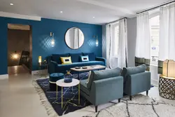Living room with blue furniture photo