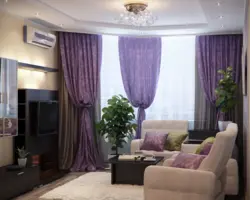 Lilac color curtains in the living room interior