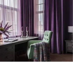 Сиреневый цвет в интерьере гостиной шторы