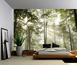 Обои с лесом в интерьере спальни
