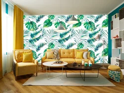 Photo wallpaper leaves in the living room interior