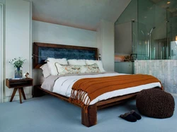 Double bed in bedroom interior photo