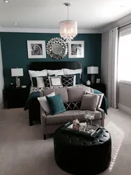 Изумрудно серый интерьер гостиной