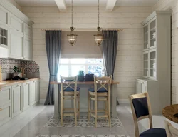 Living room kitchen interior with clapboard