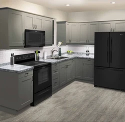 Kitchen design with gray refrigerator photo
