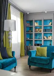 Yellow-turquoise living room interior