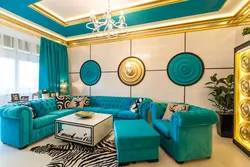 Yellow-turquoise living room interior