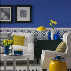 Blue and yellow in the living room interior photo