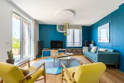 Blue and yellow in the living room interior photo