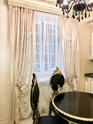 Velvet curtains in the kitchen interior