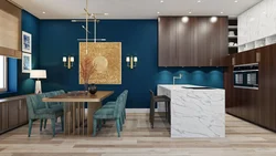 Blue Color Of The Walls In The Kitchen In The Interior