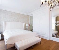 Bedroom interior design with white wallpaper