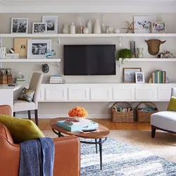 How to decorate a shelving unit in the living room interior photo