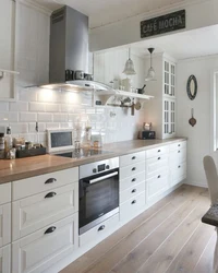 White Kitchen Black Appliances Photo Wooden Countertop