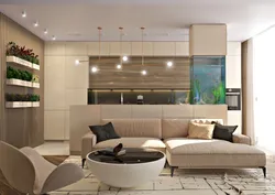 Kitchen living room in beige tones in a modern interior