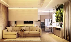 Kitchen living room in beige tones in a modern interior