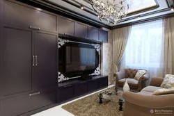 Дизайн шкафа купе в гостиной с телевизором