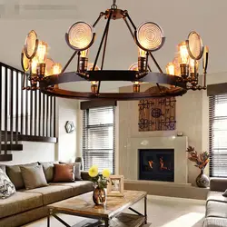 Loft-style chandeliers in the living room interior