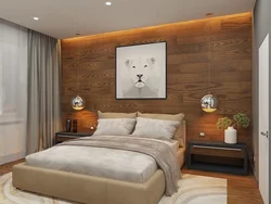 Modern bedroom interior with laminate flooring on the wall
