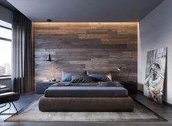 Современный интерьер спальни с ламинатом на стене