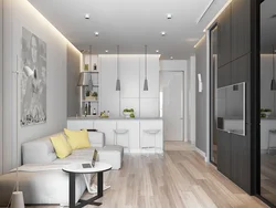 Interior of a one-room apartment with a kitchen and living room