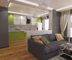 Interior of a one-room apartment with a kitchen and living room