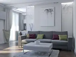Living room design with sofa in gray tones