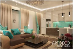 Living room interior in turquoise beige tones
