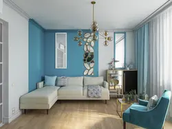 Light blue wallpaper in the living room interior