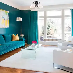 Light blue wallpaper in the living room interior