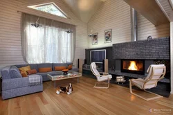Fireplace in the living room of a wooden house photo