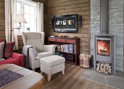 Fireplace In The Living Room Of A Wooden House Photo