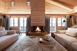 Fireplace in the living room of a wooden house photo